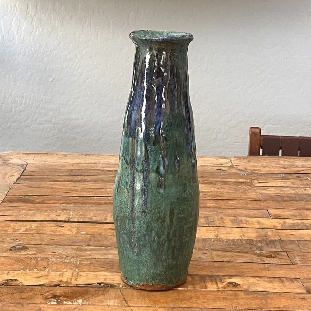 Studio Art Pottery Vase 13" Tall Green Drip Glaze Gloss Finish Brutalist Modern